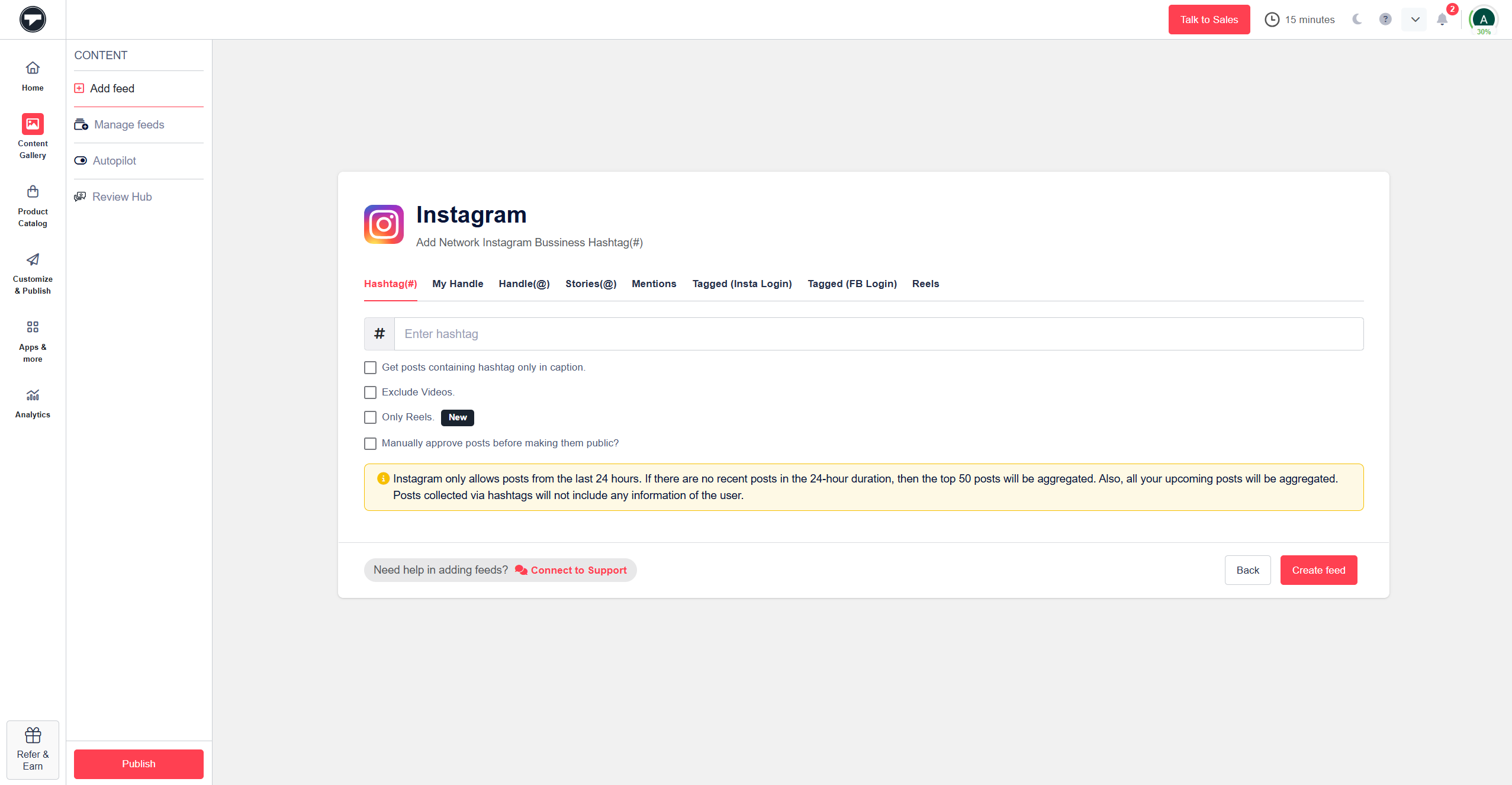 Connect your Instagram for creating shoppable feed