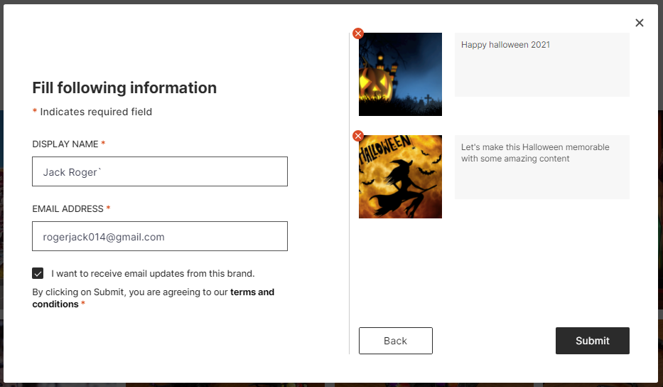 Users datails popup to submit UGC content 