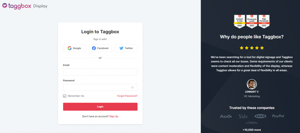 Taggbox Display Login Page