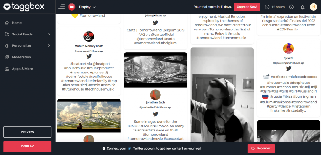 Social Wall preview on display dashboard