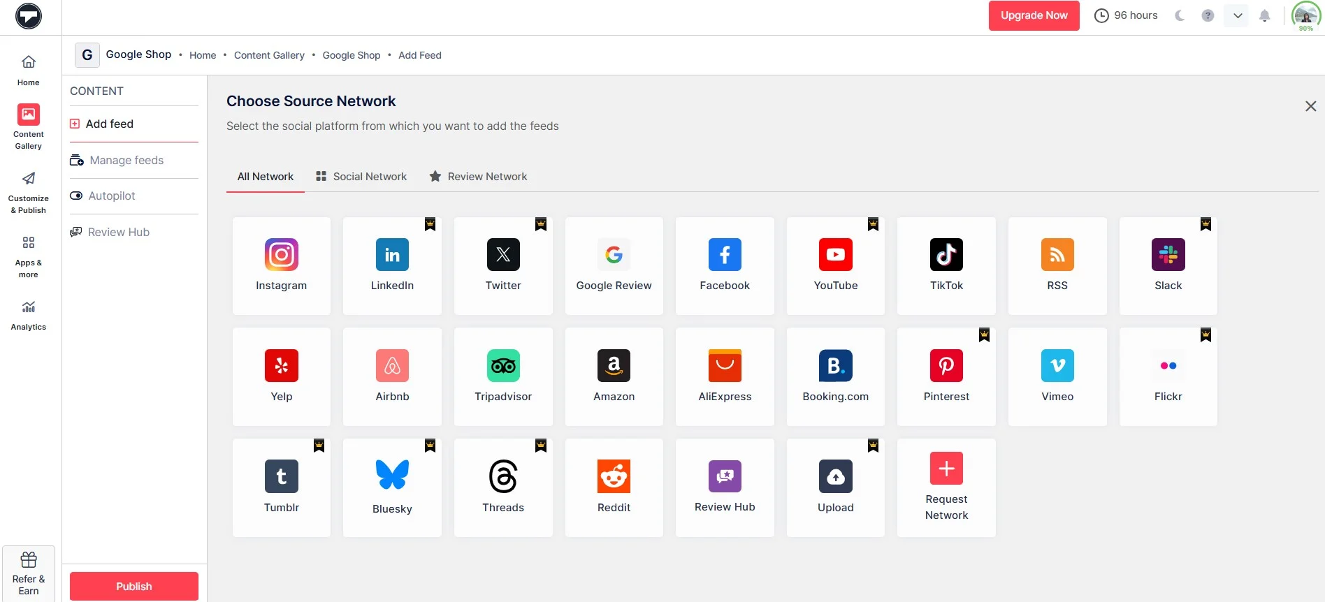 Instagram als Quellnetzwerk auswählen