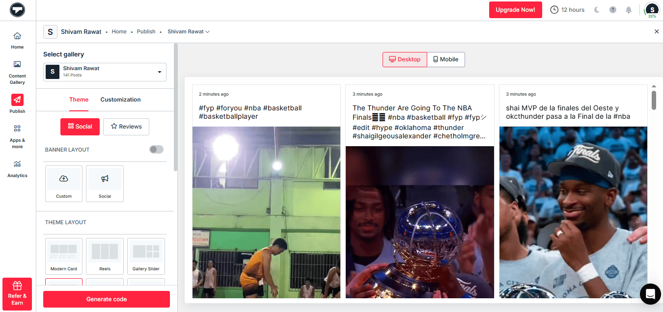 feed de hashtags do Instagram no site