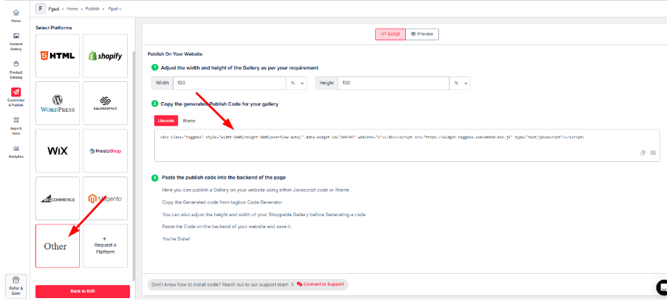Kopiere den Einbettungscode für den Webflow-Instagram-Feed.