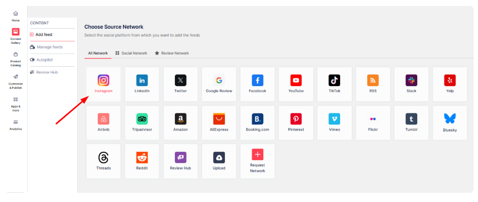 Wähle Instagram, um deinen Feed zu erstellen.