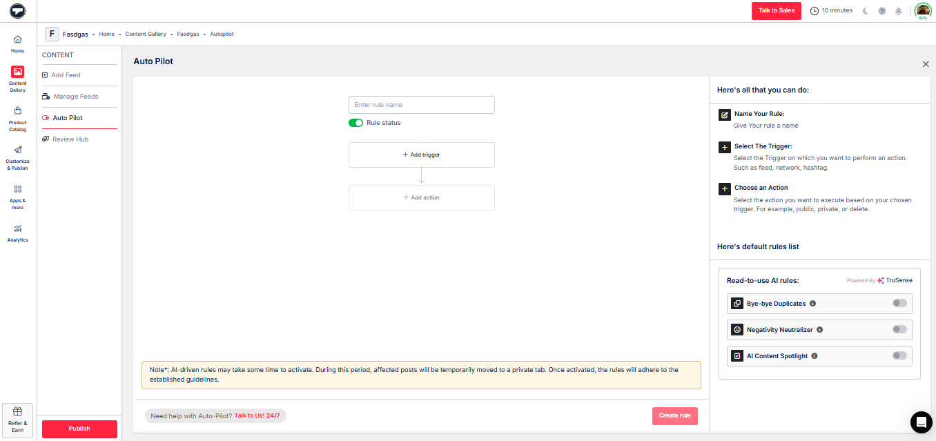 Option pilote automatique activée Taggbox