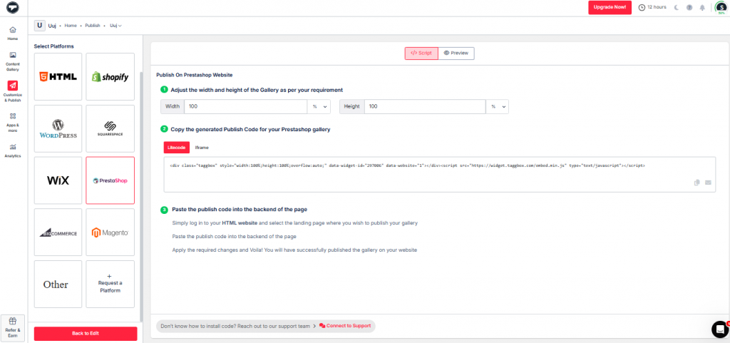 embed and paste code to PrestaShop website