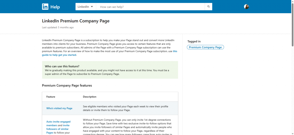 testing a Premium Company Page subscription.
