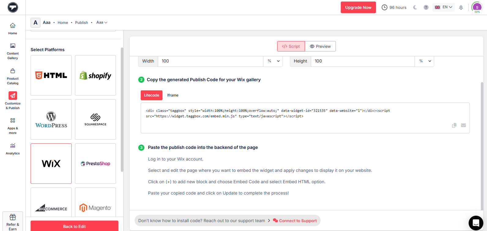 Select Wix as your platform