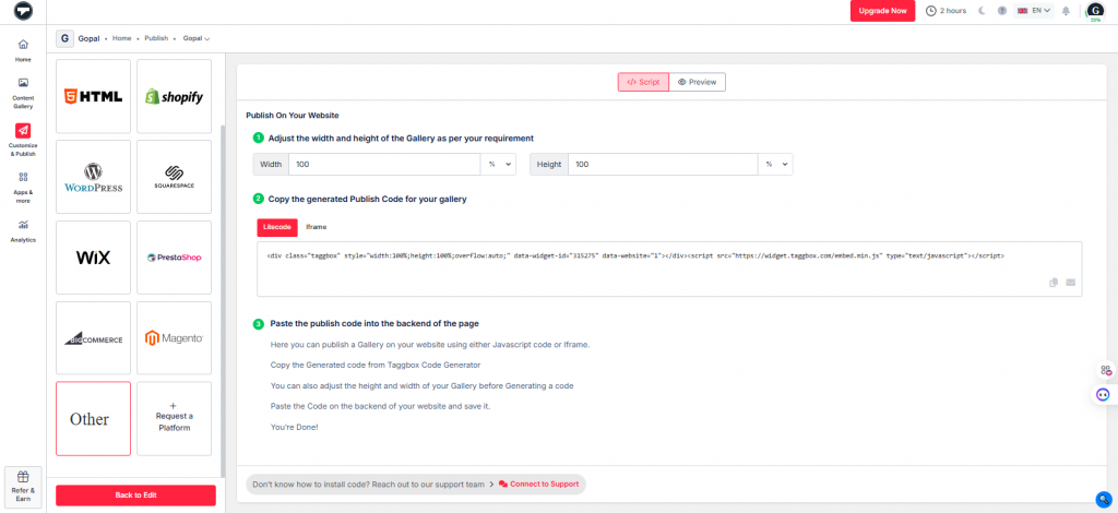 get the embed code for adding instagram feed on weebly