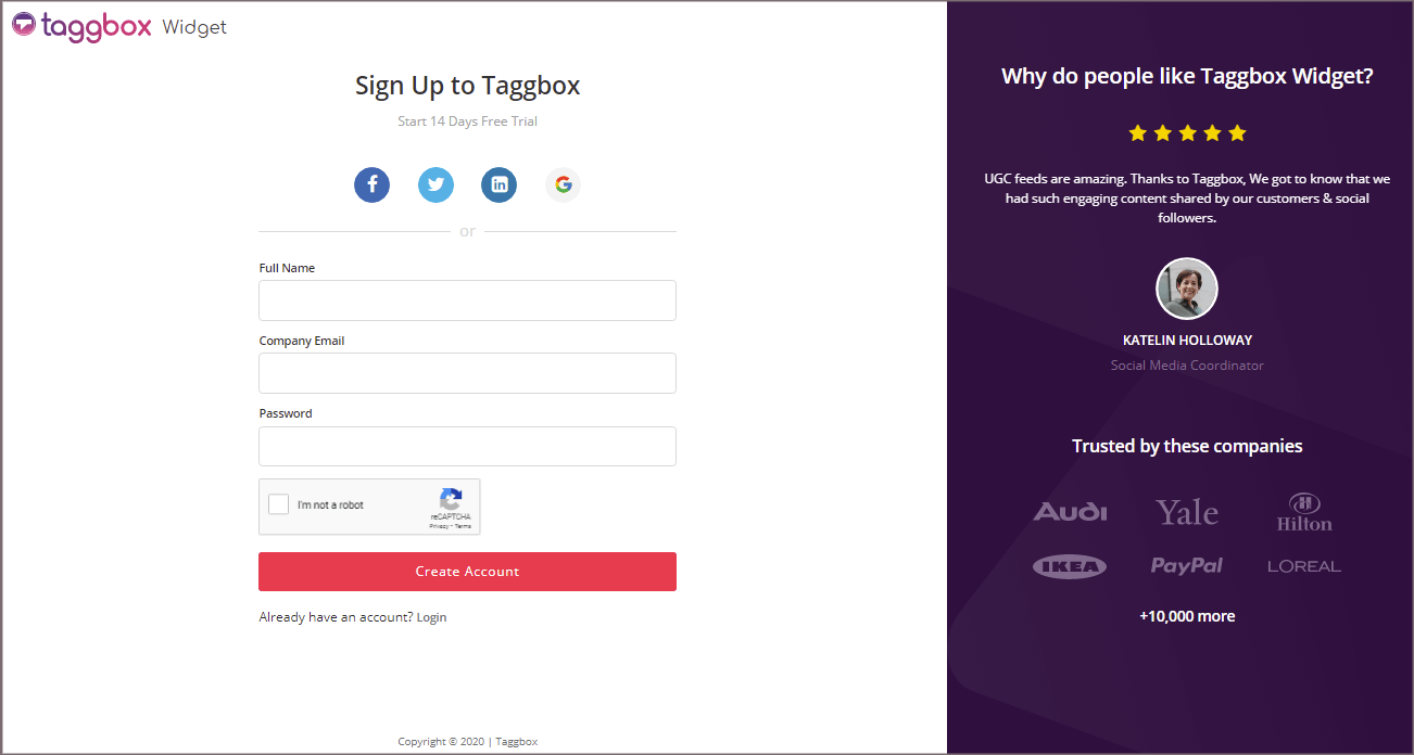 Taggbox Widget Sign Up Dashboard