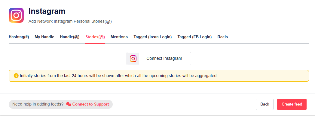 Choose "Stories" to display instagram stories on wordpress