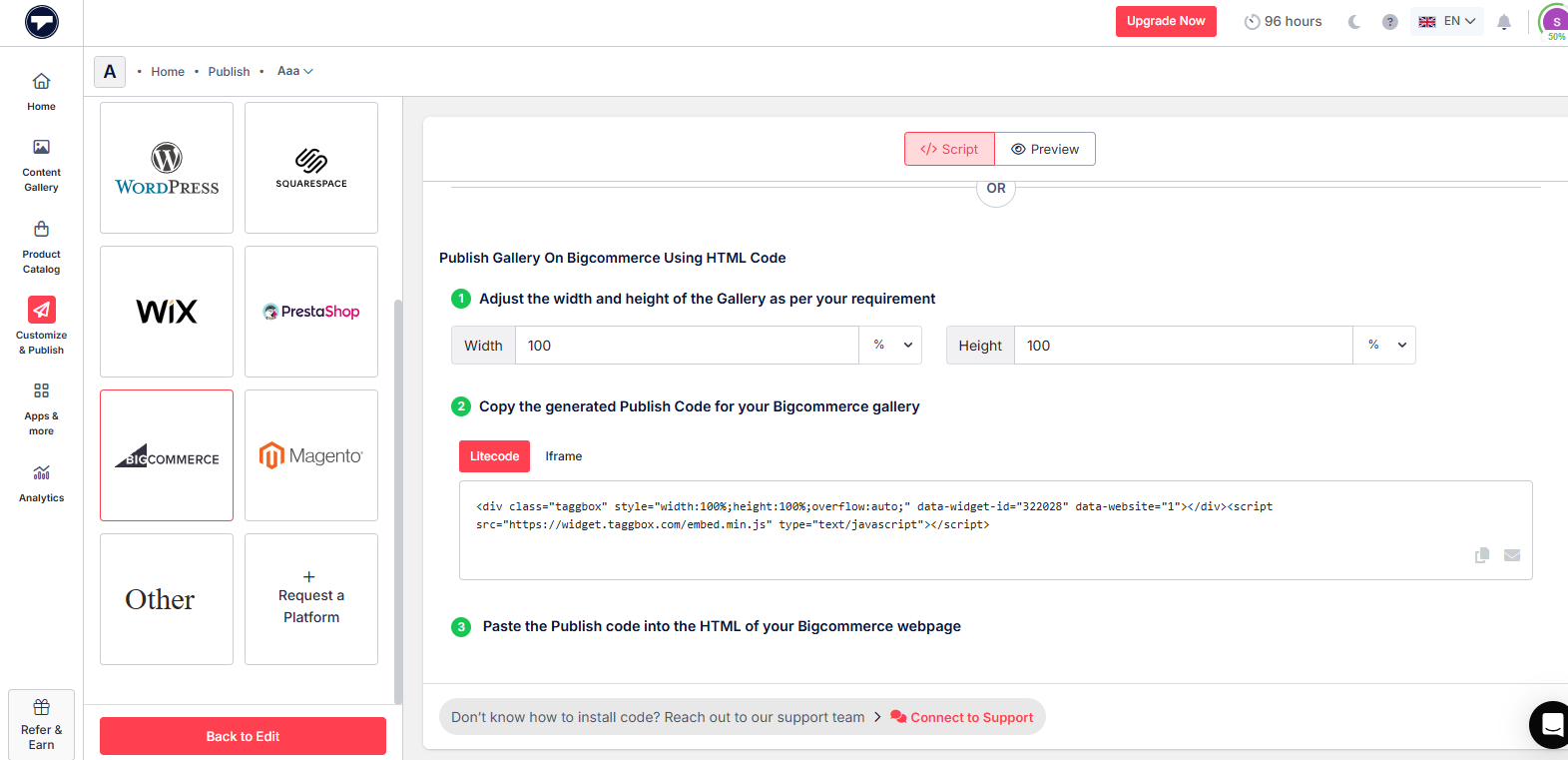 generate the embed code for your bigcommerce website