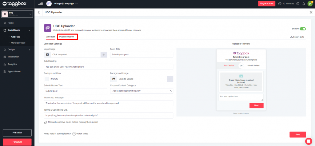 Use Taggbox UGC Uploader