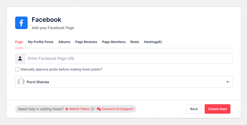 connection type to add facebok feed
